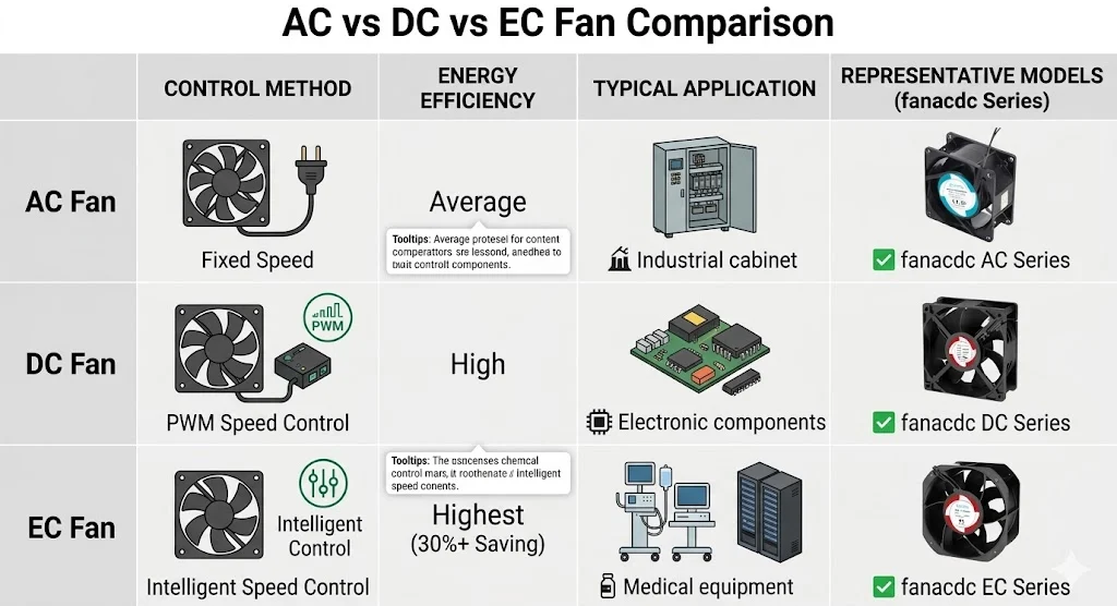 AC, DC, and EC cooling fans