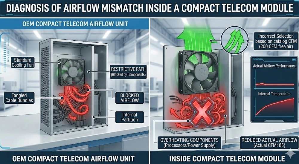 diagnosis of airflow mismatch inside a compact telecom module
